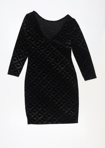 Warehouse Womens Black Geometric Polyester Bodycon Size 8 Scoop Neck Pullover