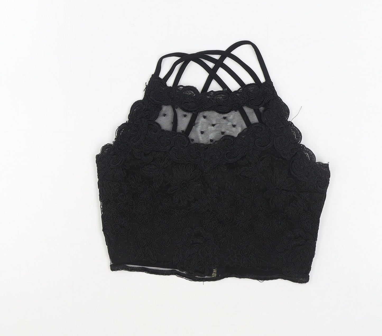 River Island Womens Black Floral Polyester Cropped Tank Size 6 Scoop Neck - Cross Back Strap Detail
