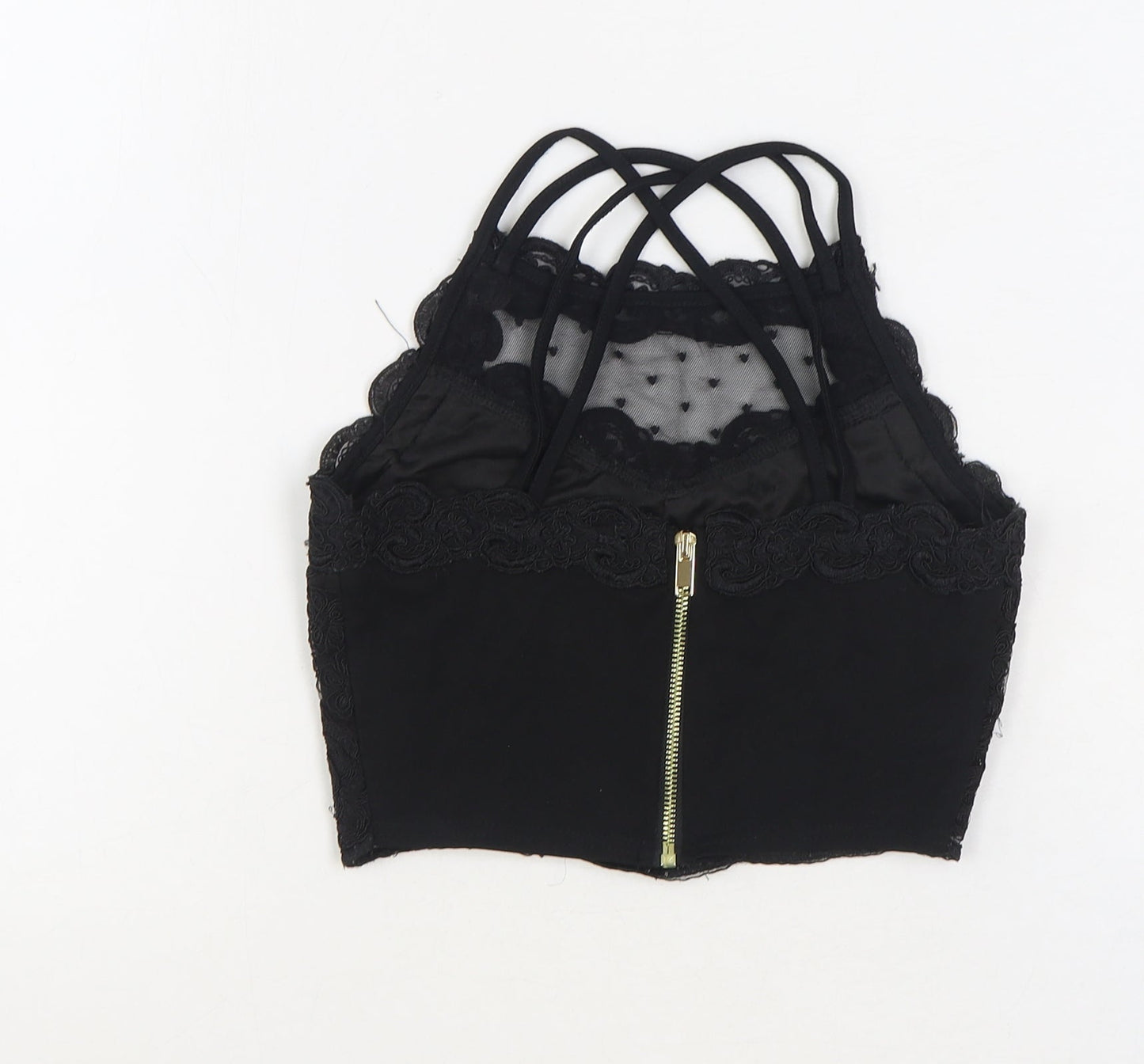 River Island Womens Black Floral Polyester Cropped Tank Size 6 Scoop Neck - Cross Back Strap Detail