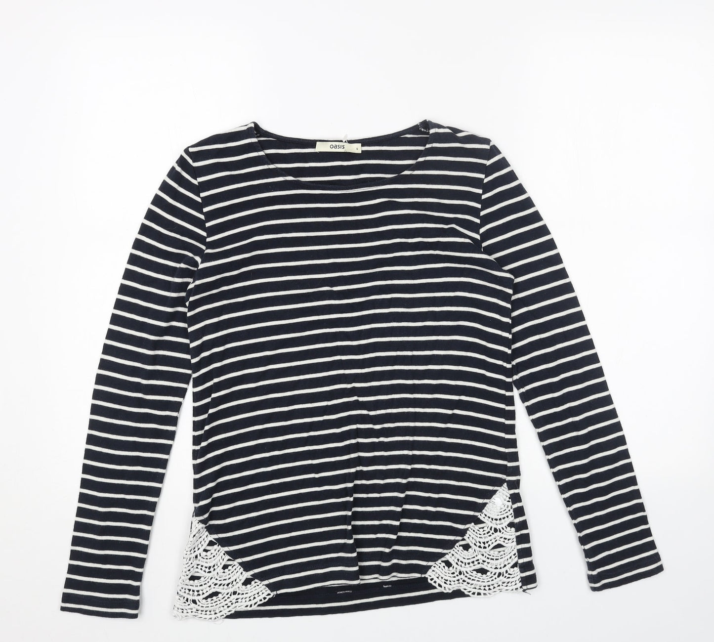 Oasis Womens Blue Striped Cotton Basic Blouse Size S Boat Neck - Crochet Detail