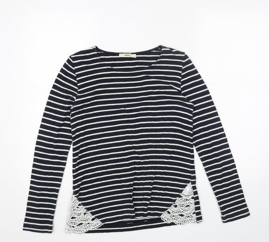 Oasis Womens Blue Striped Cotton Basic Blouse Size S Boat Neck - Crochet Detail