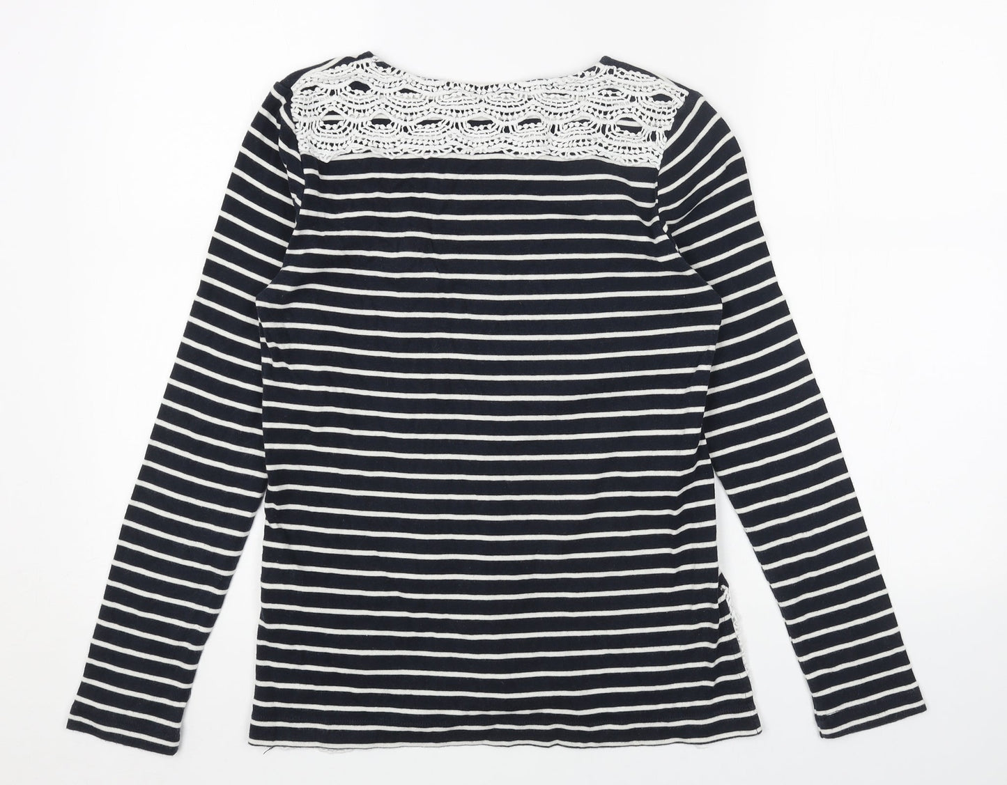 Oasis Womens Blue Striped Cotton Basic Blouse Size S Boat Neck - Crochet Detail