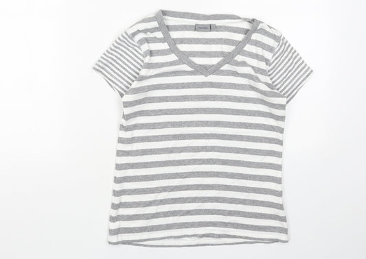 Montego Bay Club Womens Grey Striped Cotton Basic T-Shirt Size S V-Neck