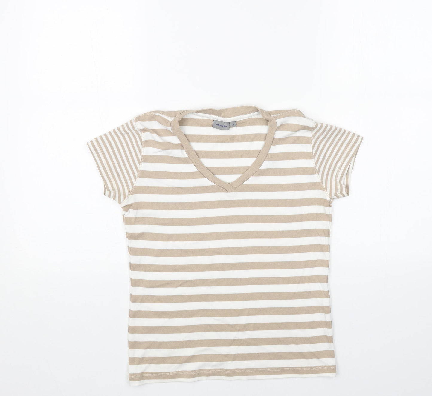 Montego Bay Club Womens Beige Striped Cotton Basic T-Shirt Size S V-Neck