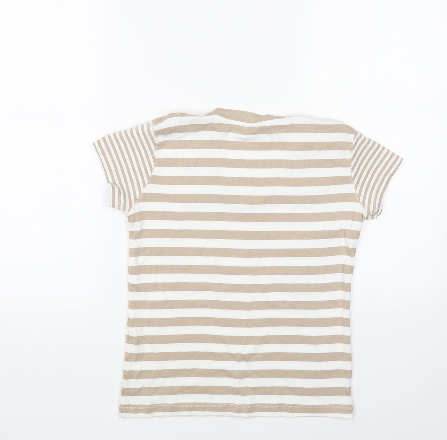 Montego Bay Club Womens Beige Striped Cotton Basic T-Shirt Size S V-Neck