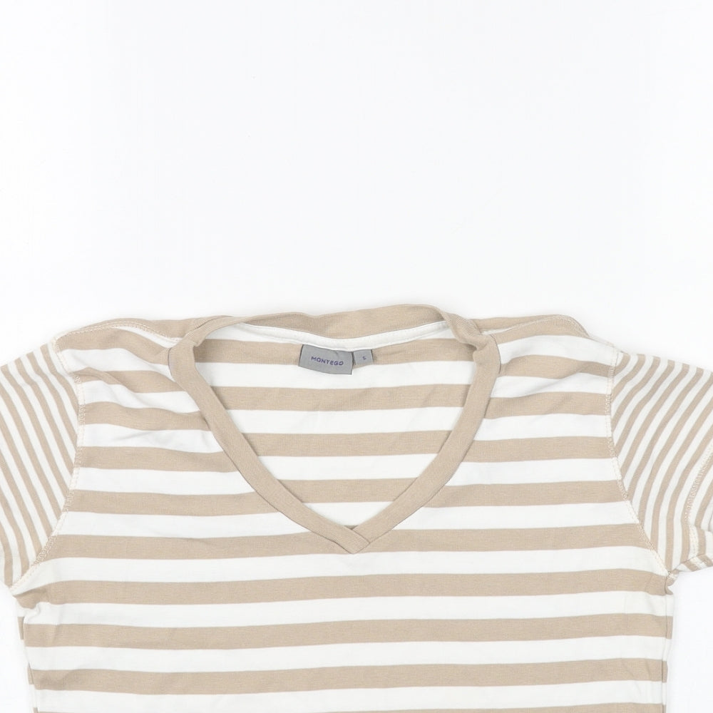 Montego Bay Club Womens Beige Striped Cotton Basic T-Shirt Size S V-Neck