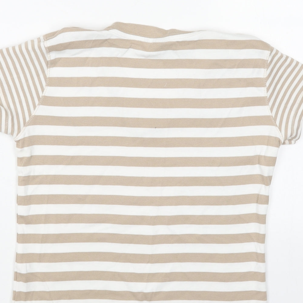 Montego Bay Club Womens Beige Striped Cotton Basic T-Shirt Size S V-Neck