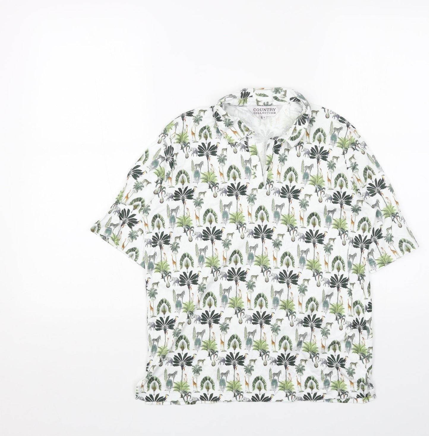 Country Club Womens White Geometric Cotton Basic Polo Size S Collared - Safari Animals