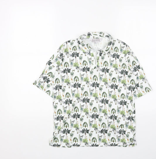 Country Club Womens White Geometric Cotton Basic Polo Size S Collared - Safari Animals