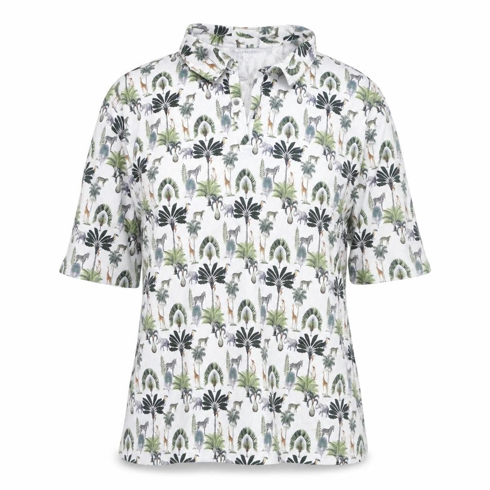 Country Club Womens White Geometric Cotton Basic Polo Size S Collared - Safari Animals