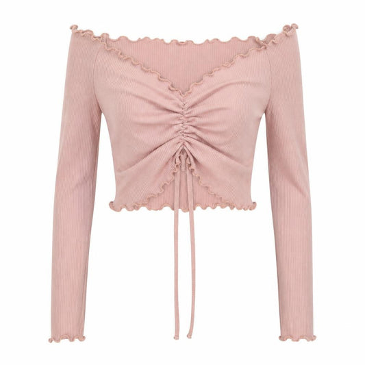 PRETTYLITTLETHING Womens Pink Polyester Cropped T-Shirt Size 6 Off the Shoulder - Ruched Front