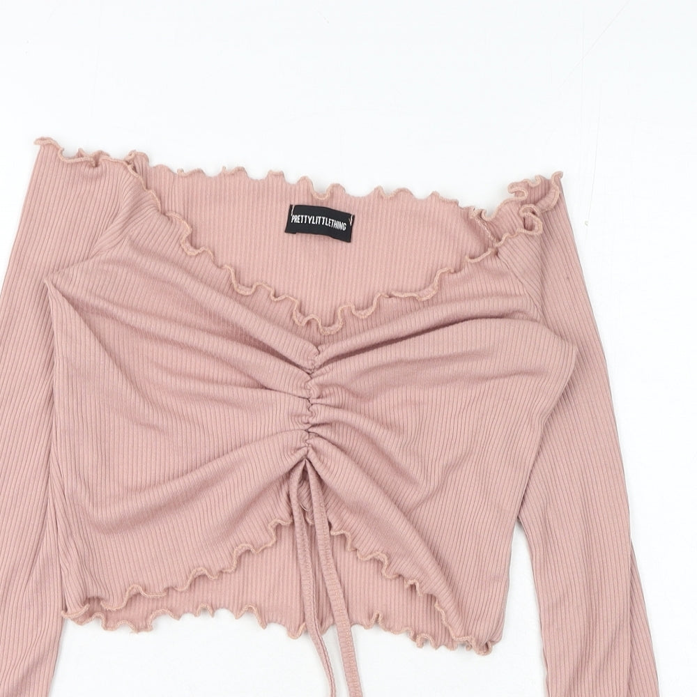 PRETTYLITTLETHING Womens Pink Polyester Cropped T-Shirt Size 6 Off the Shoulder - Ruched Front
