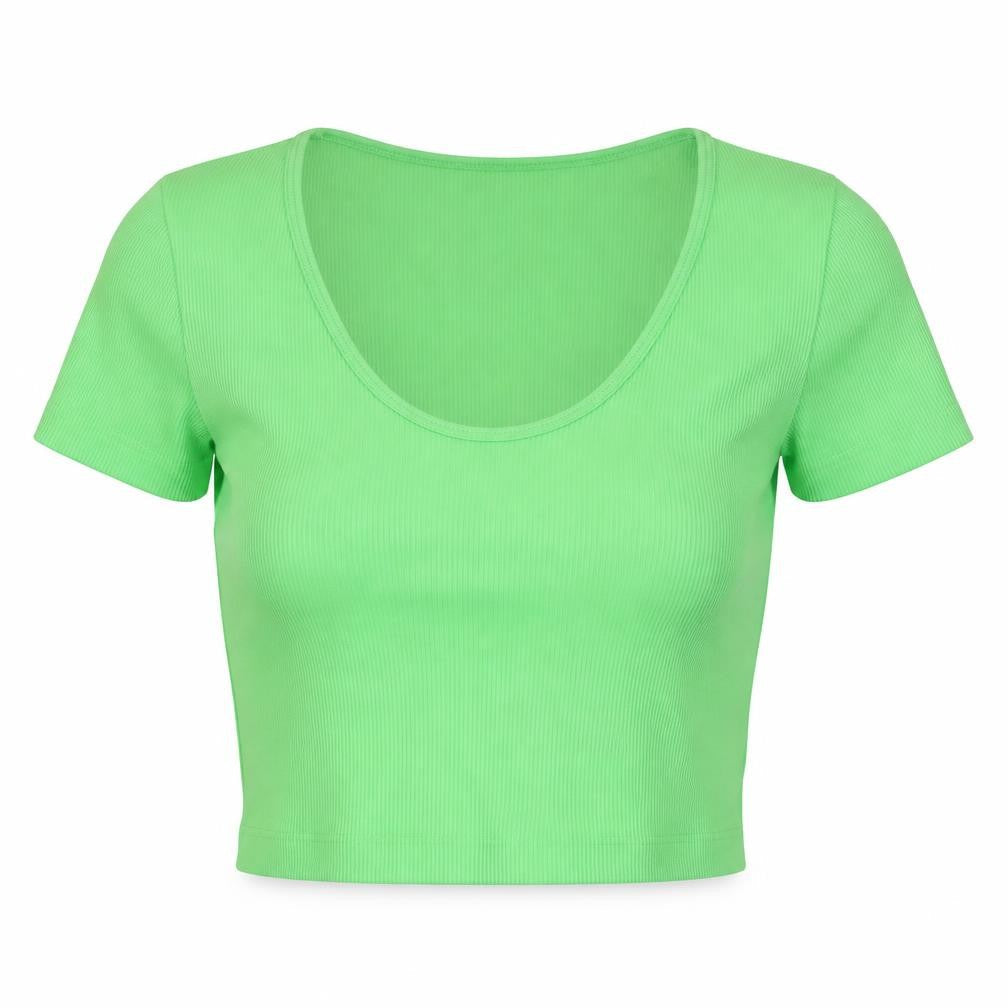 Missguided Womens Green Polyamide Cropped T-Shirt Size S Scoop Neck - Ribbed