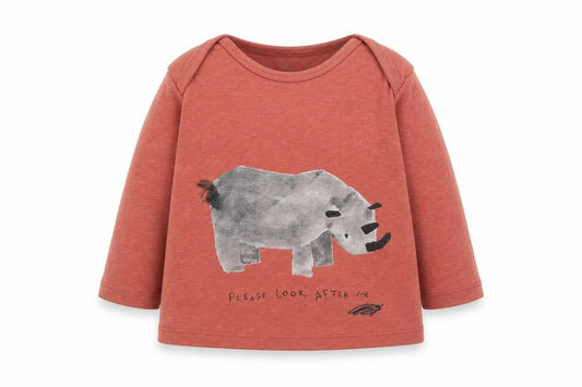 Marks & Spencer Baby Red Cotton Basic T-Shirt Size 3-6 Months Round Neck Pullover - Rhino, Please Look After Me