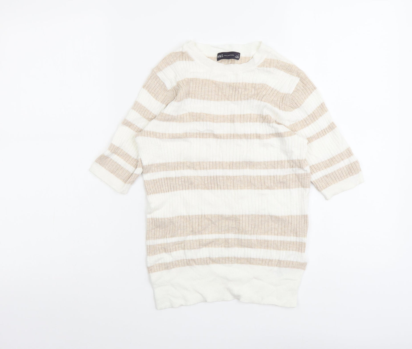 Marks and Spencer Womens Beige Scoop Neck Striped Viscose Pullover Jumper Size 8