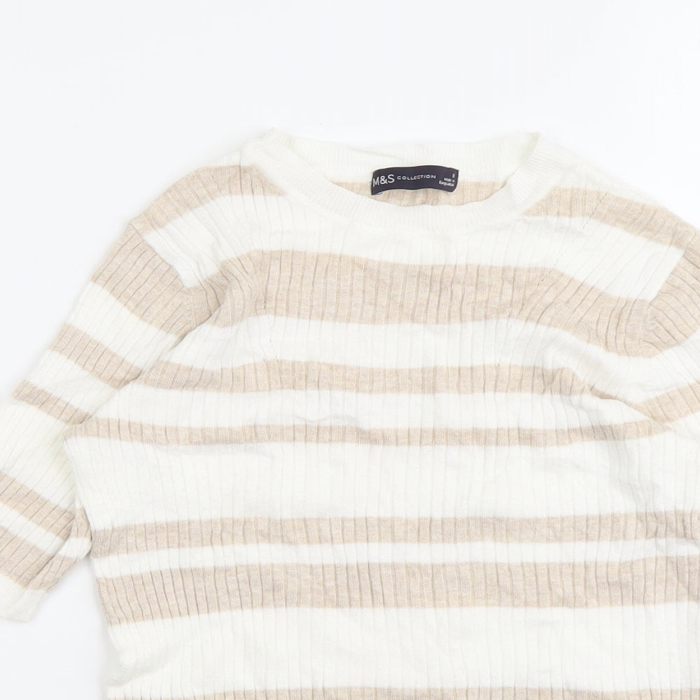 Marks and Spencer Womens Beige Scoop Neck Striped Viscose Pullover Jumper Size 8