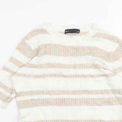 Marks & Spencer Womens Beige Scoop Neck Striped Viscose Pullover Jumper Size 8