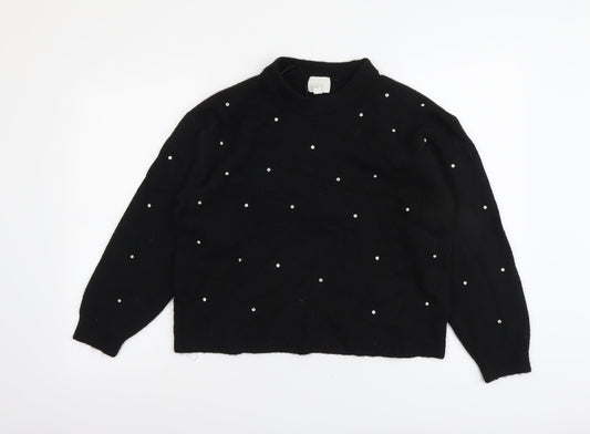 H&M Womens Black Round Neck Polka Dot Polyester Pullover Jumper Size S
