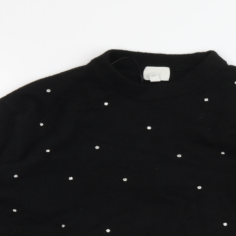 H&M Womens Black Round Neck Polka Dot Polyester Pullover Jumper Size S