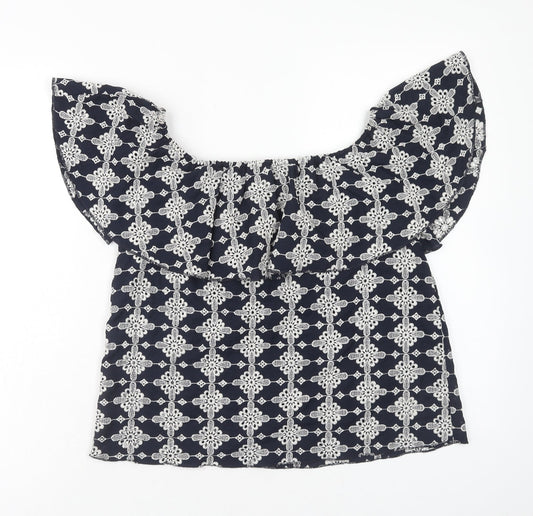 Zara Womens Blue Geometric Polyester Basic Blouse Size M Off the Shoulder