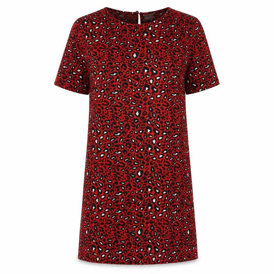 VILA Womens Red Animal Print Polyester T-Shirt Dress Size L Boat Neck Button - Leopard Print