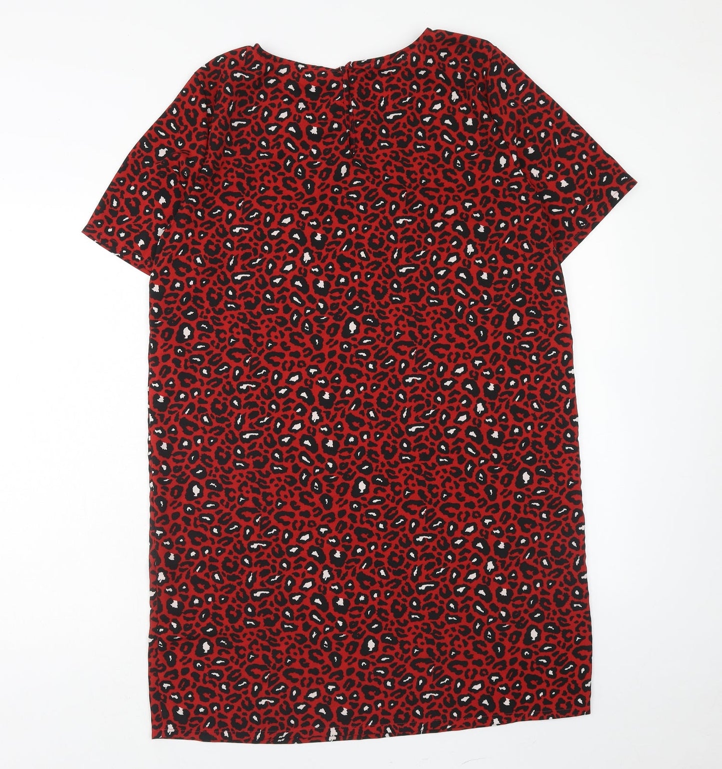 VILA Womens Red Animal Print Polyester T-Shirt Dress Size L Boat Neck Button - Leopard Print