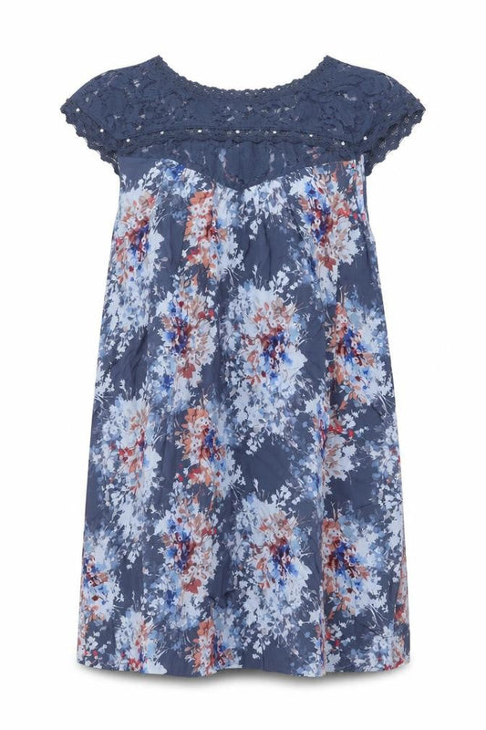 NEXT Womens Blue Floral Modal Shift Size 14 Scoop Neck Pullover - Lace Detail