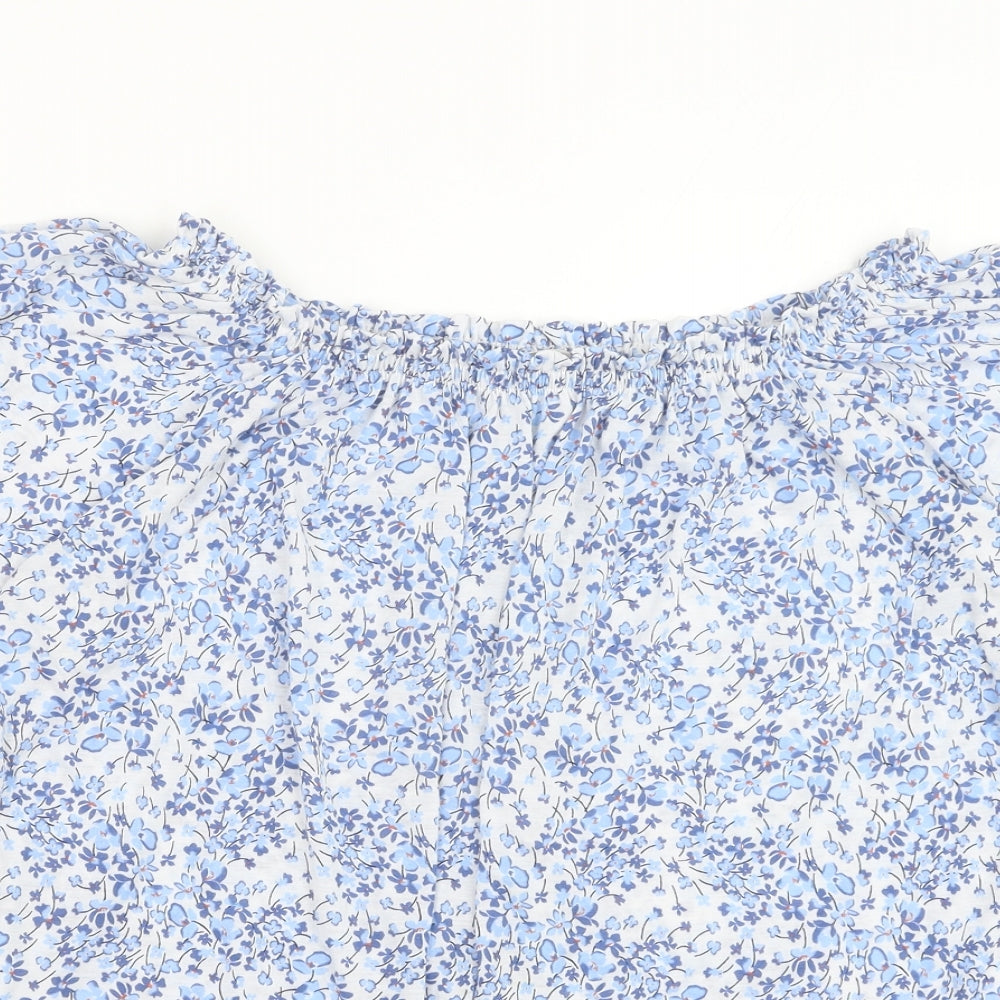 H&M Womens Blue Floral Polyester Basic Blouse Size S Boat Neck