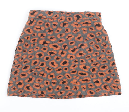 Topshop Womens Orange Animal Print Polyester Mini Skirt Size 8 Zip - Leopard Pattern