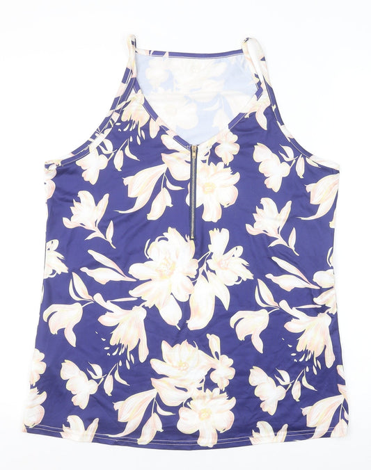 Preworn Womens Blue Floral Cotton Basic Tank Size XL V-Neck
