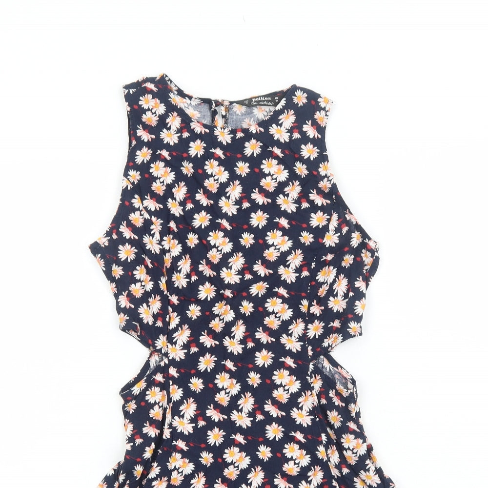 Miss Selfridge Womens Blue Floral Viscose Fit & Flare Size 6 Boat Neck Button