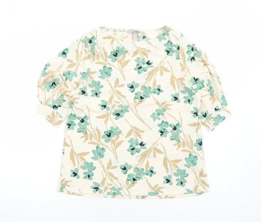 H&M Womens Ivory Floral Polyester Basic Blouse Size S Boat Neck