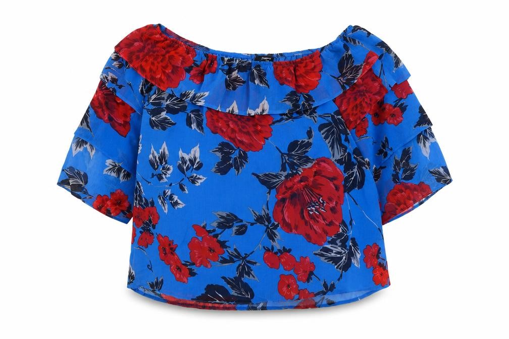 Papaya Womens Blue Floral Polyester Basic Blouse Size 12 Off the Shoulder