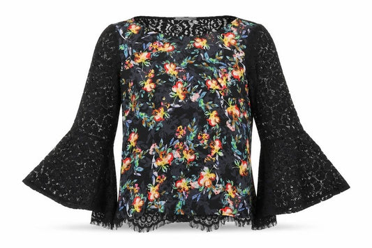 French Connection Womens Black Floral Polyester Basic Blouse Size M Boat Neck