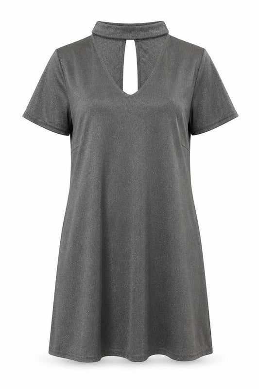 New Look Womens Grey Polyester T-Shirt Dress Size 10 Halter Button - Metallic