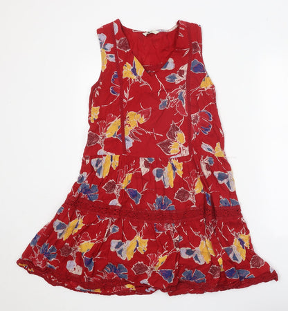 Next Womens Red Floral 100% Cotton A-Line Size 10 V-Neck Pullover