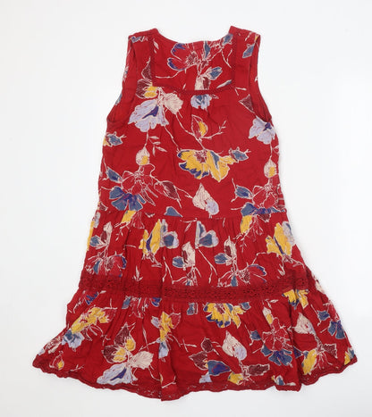 Next Womens Red Floral 100% Cotton A-Line Size 10 V-Neck Pullover