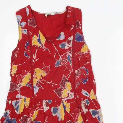 Next Womens Red Floral 100% Cotton A-Line Size 10 V-Neck Pullover