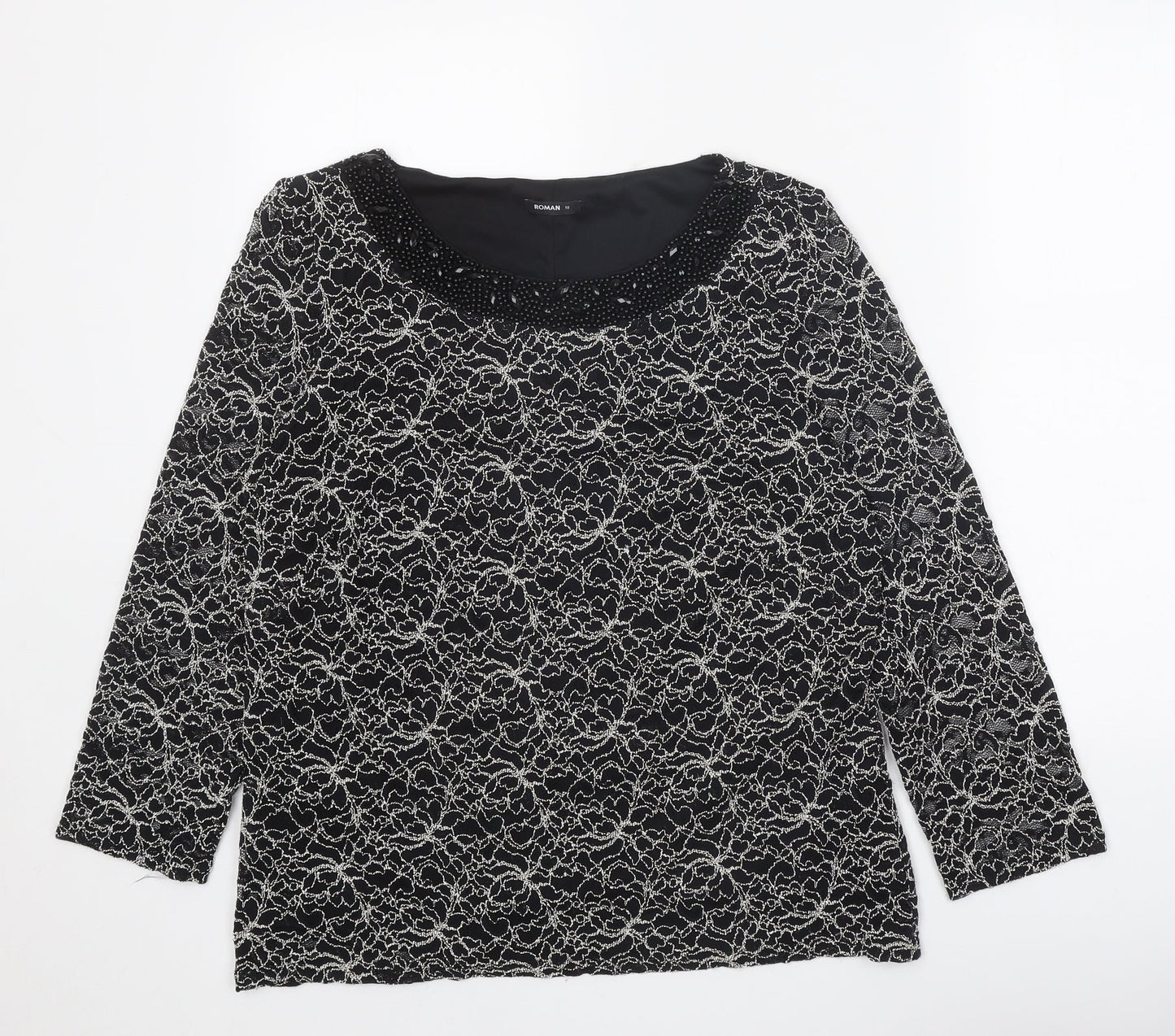 Roman Womens Black Geometric Polyamide Basic Blouse Size 18 Boat Neck - Embellished Neckline