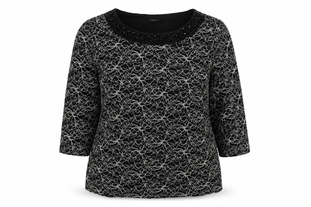 Roman Womens Black Geometric Polyamide Basic Blouse Size 18 Boat Neck - Embellished Neckline