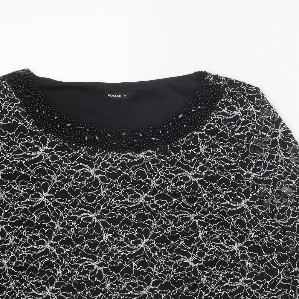 Roman Womens Black Geometric Polyamide Basic Blouse Size 18 Boat Neck - Embellished Neckline