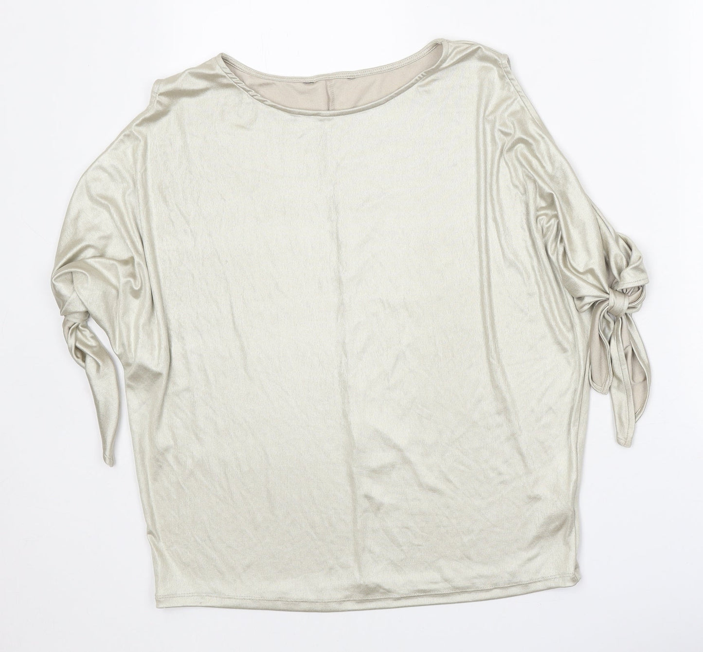 Preworn Womens Gold Polyester Basic Blouse Size 10 Boat Neck - Metallic Spilt Sleeve