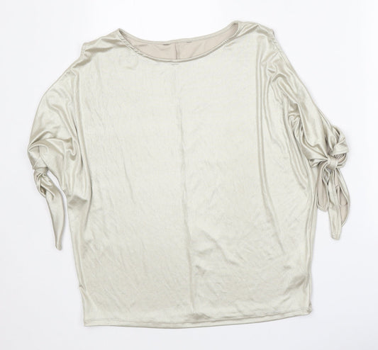 Preworn Womens Gold Polyester Basic Blouse Size 10 Boat Neck - Metallic Spilt Sleeve