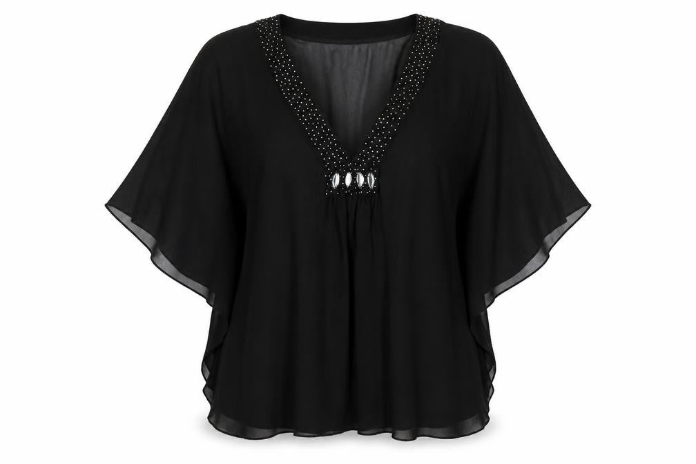 The Stockshop Womens Black Polyester Tunic Blouse Size S V-Neck - Embellished Neckline