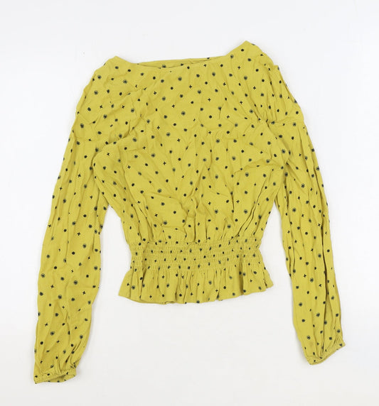 Marks and Spencer Womens Yellow Floral Viscose Basic Blouse Size 8 Boat Neck - Shirred Waist