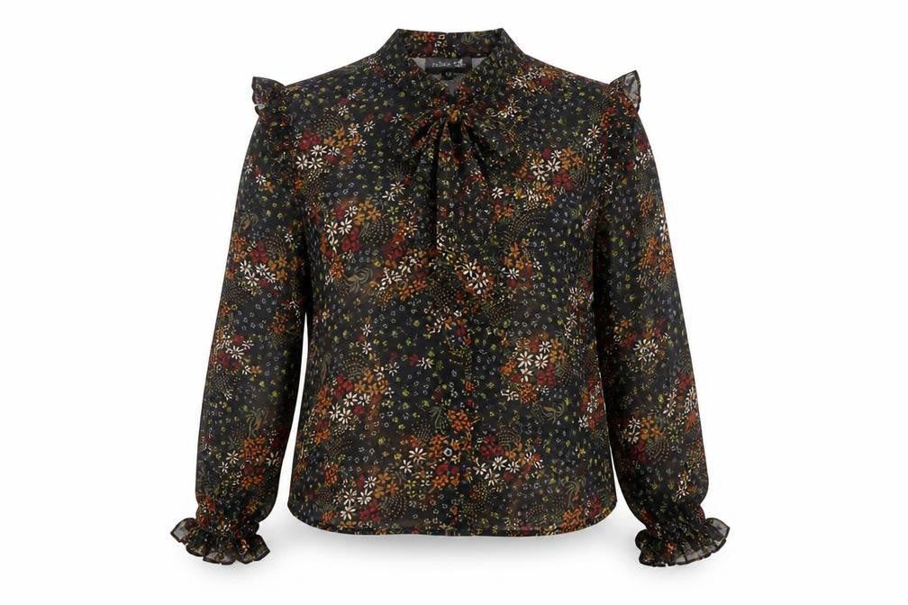 Label Lab Womens Black Floral Viscose Basic Button-Up Size 14 Mock Neck