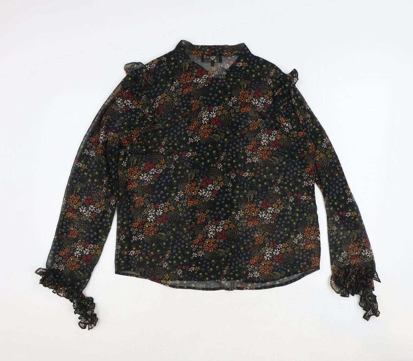 Label Lab Womens Black Floral Viscose Basic Button-Up Size 14 Mock Neck