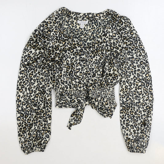 Topshop Womens Brown Animal Print Polyester Cropped Blouse Size 6 V-Neck - Leopard Print Tie Front