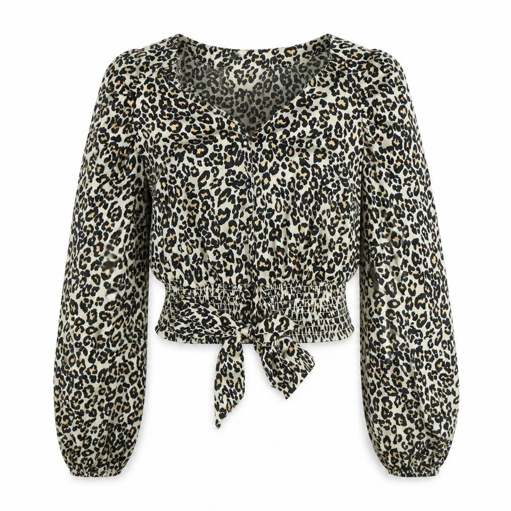 Topshop Womens Brown Animal Print Polyester Cropped Blouse Size 6 V-Neck - Leopard Print Tie Front