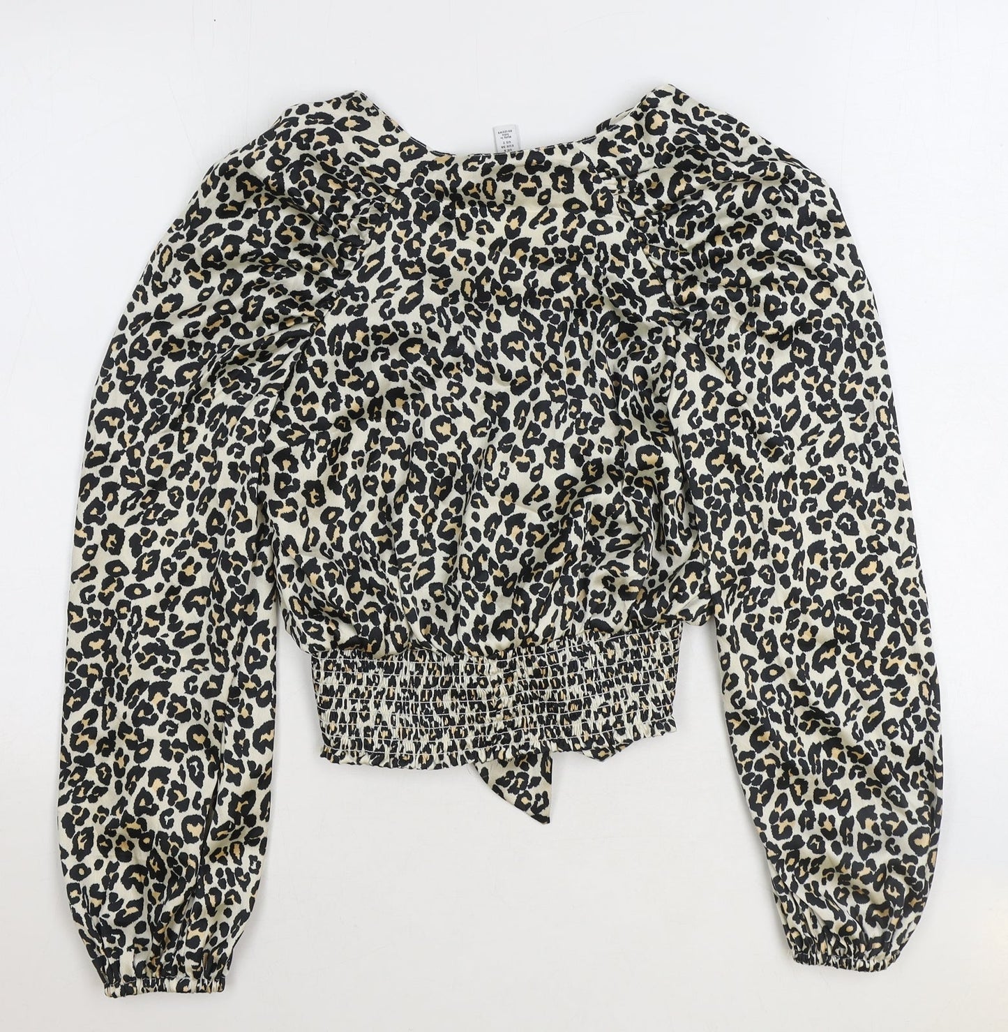 Topshop Womens Brown Animal Print Polyester Cropped Blouse Size 6 V-Neck - Leopard Print Tie Front
